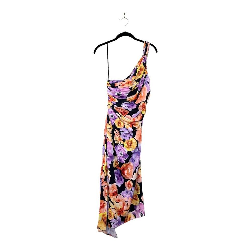 Anthropologie Geisha Designs Asymmetrical Hem Midi Dress in Purple Motif Size S